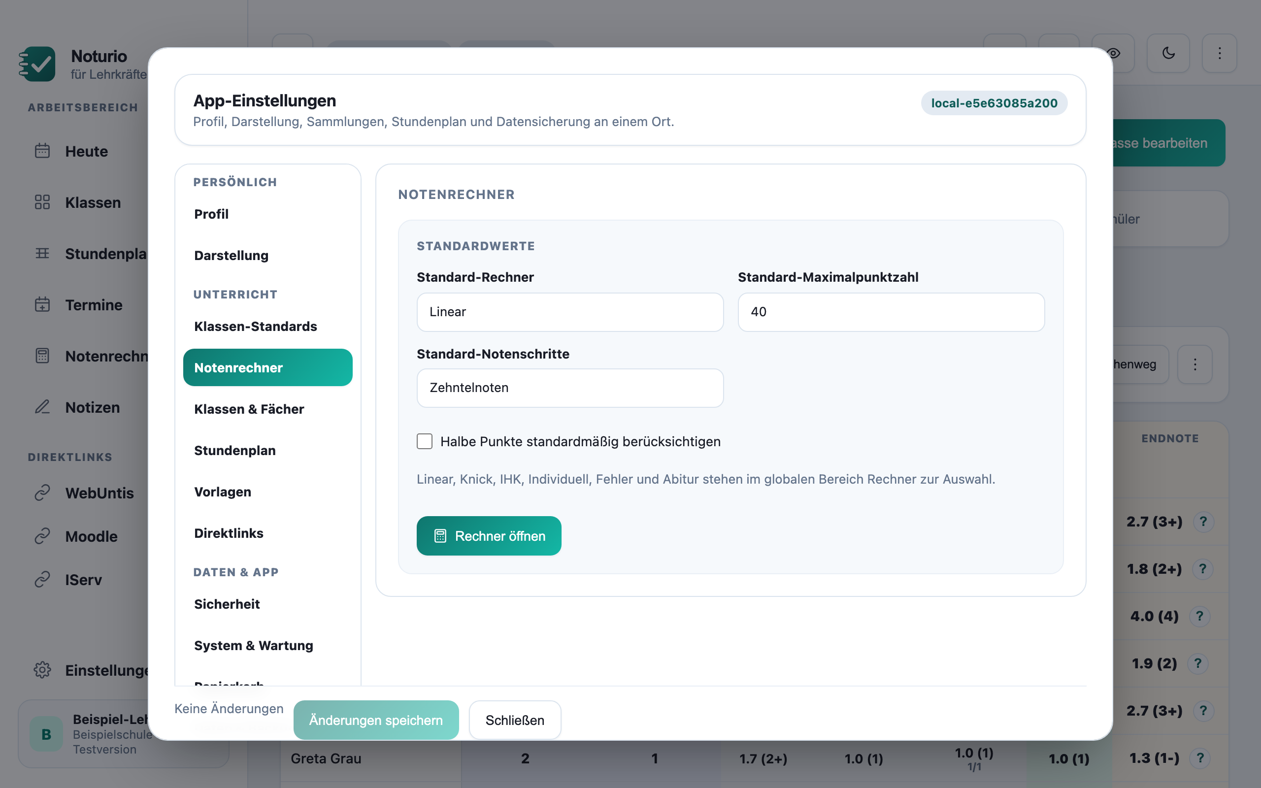 Standardwerte des Notenrechners
