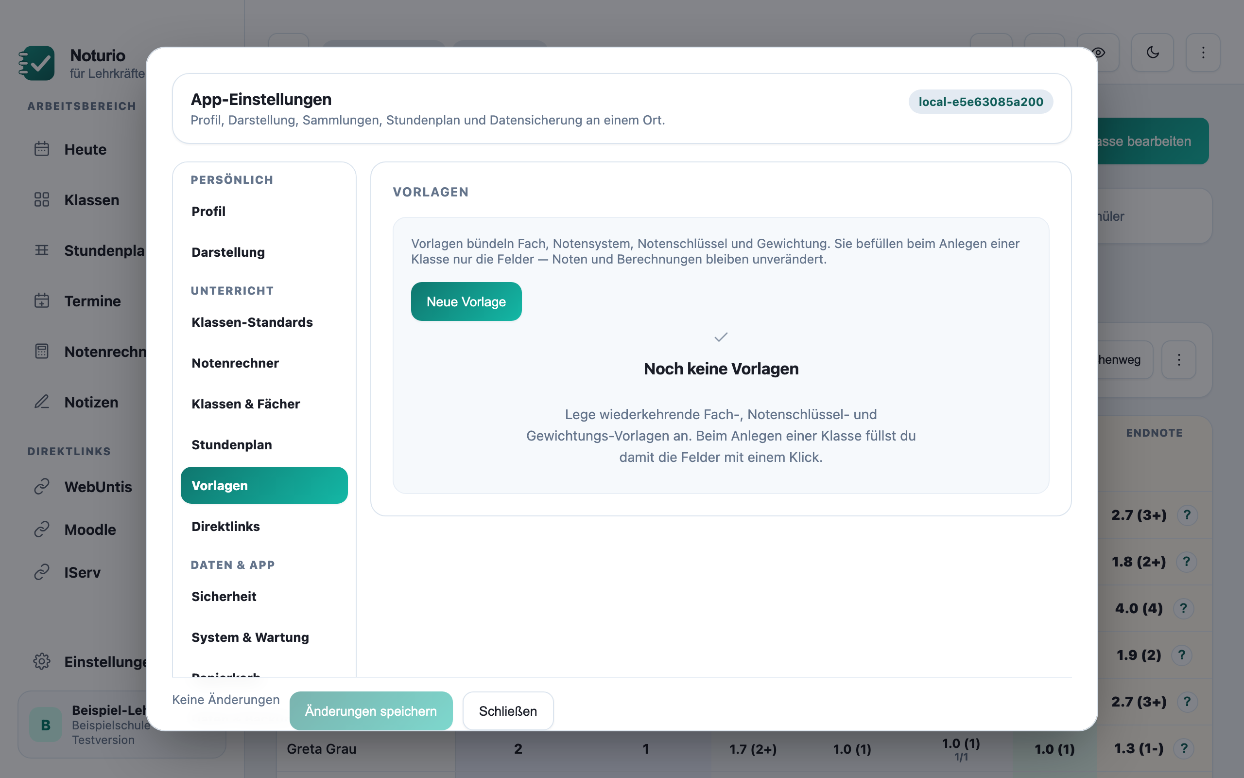 Vorlagen in den App-Einstellungen